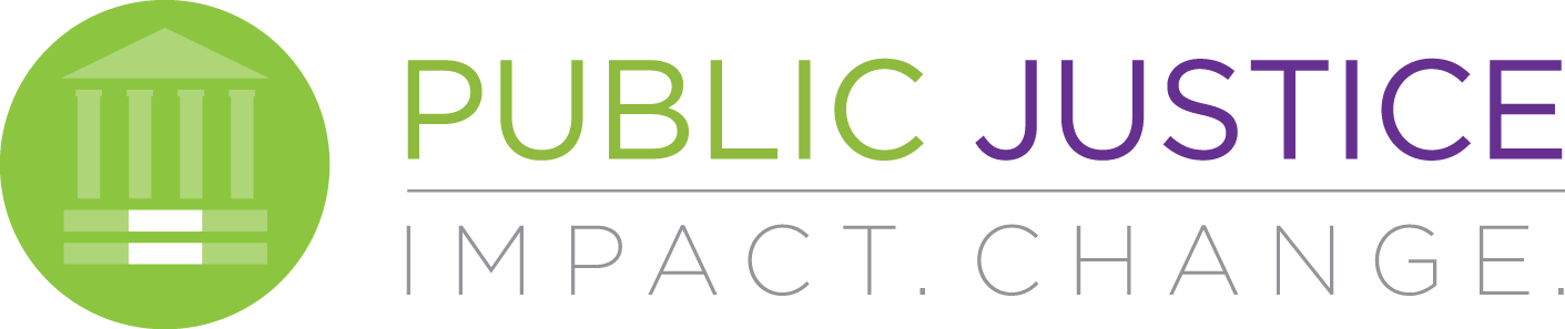 Logo with Courthouse symbol and the words: Public Justice | Impact. Change.